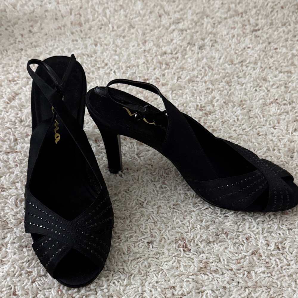 Nina Black Strappy Heels with Rhinestone Detail